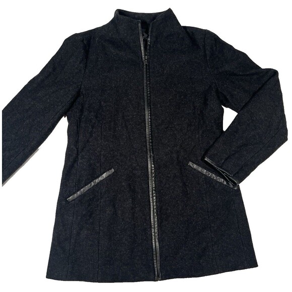 Eileen Fisher Felted Flannel Melange Wool Jacket Womens XS Black Leather Accents - Picture 1 of 4